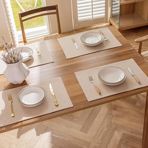 Demetex Linen Placemats Set of 4 Heat Resistant Cloth Placemats Table Place Mats Burlap Plate Mats for Dining Kitchen Banquet, Light Linen - color: Light Linen, size: Placemats set of 4