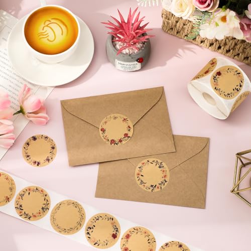 Whaline 500 Pcs Spring Kraft Label Stickers Roll Tag Stickers Watercolor Flower Wreath Self-Adhesive Decals for Holiday Invitation Envelope Decor, 6 Designs, 2 Inch