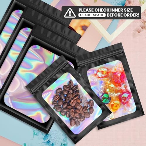 Funfery 100 pcs Black Mylar Holographic Resealable Bags,Clear Packaging Bag Odor Proof Foil Pouch Bag for Food Storage, Lipgloss, Jewelry, Eyelash Packaging for Small Business - 3x4.7 Inch - color: Black, size: 3 x 4.7 Inch