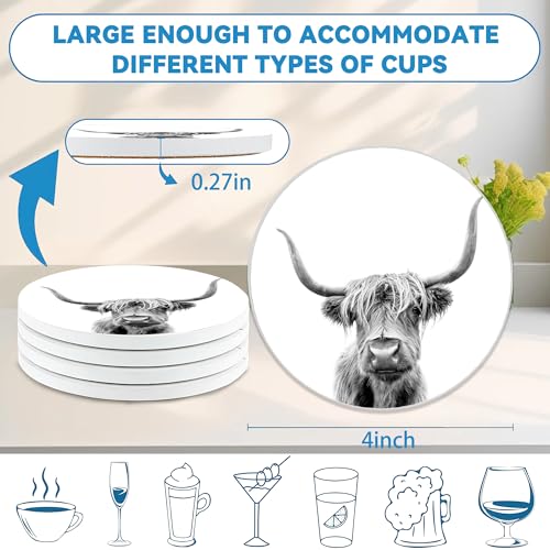 Highland Cow Coasters Set of 4, Absorbent Ceramic Drink Coasters with Cork Backing, Western Theme Coasters for Table Home Décor, Ideal Gifts for Women Men - color: Highland Cow