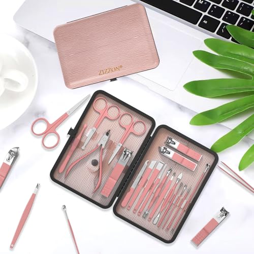 ZIZZON Manicure Set 18 in 1 Professional Pedicure Set Nail scissors Grooming Kit with Leather Travel Case Pink - color: Pink