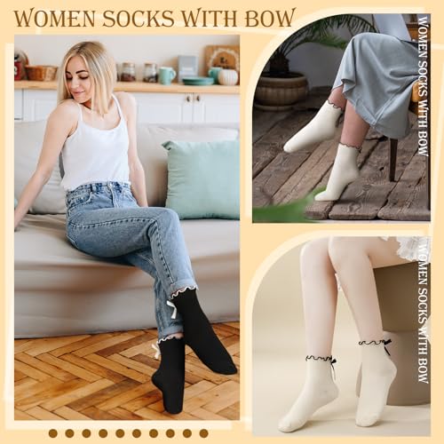 6 Pairs Womens Bow Socks, Ruffle Casual Crew Socks - color: White, Black, Off-white