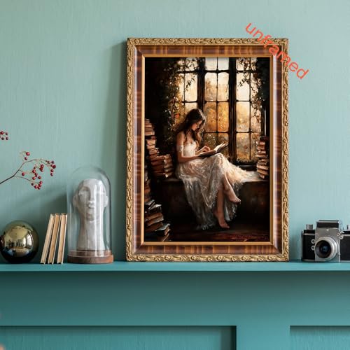 uoyien Vintage Victorian Girls Reading Portrait Canvas Wall Art Prints Dark Academia Cottagecore Pictures Wall Decor Moody Bookish Paintings Artwork for Library Reading Room Bedroom 12x16in Unframed - color: Brown, size: 12x16in Unframed