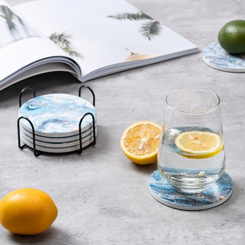6Pcs Absorbent Coasters Set with Holder,Ceramic Drink Coaster,4 in（A9） - color: Style 9