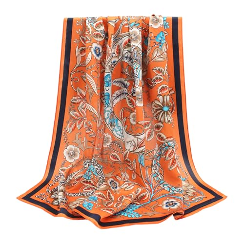 ANDANTINO 100% Mulberry Silk Scarf -Women 35" Square Hair Wraps-Gift Packed - color: Floral-orange