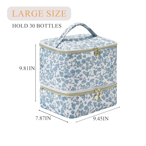 Upgraded Nail Polish Organizer Case - Holds 30 Bottles and 1 Nail Light, Double-layer Nail bag Organzier Case Nail Polish Storage Bag with Handles (Blue-Flower) - color: Blue-Flower