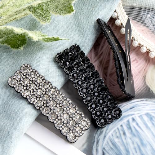 HINZIC 2Pcs Rhinestone Snap Hair Clips Sparkly Crystal Barrettes Silver Black Rectangular Hairpins Korean Wedding Party Accessories for Women