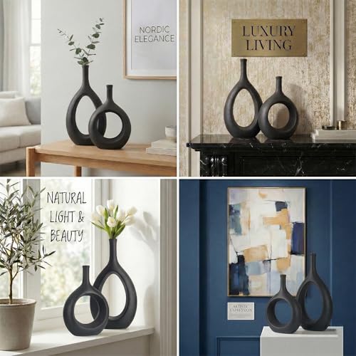 Black Ceramic Hollow Elliptical Vase Set of 2 - Boho Circle Vase with Hole, for Modern Black Table Decor, Living Room Decor Shelf mid Century Modern Home Entrance Decorative vase - color: Black