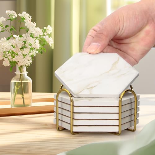 6 Pcs White Marble Coasters Set with Holder Hexagon Ceramic Drink Coaster - color: Beige