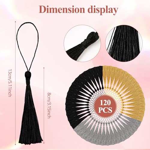 NACHLYNN 120 Pcs Bookmark Tassels Bulk 13cm/5 Inch Silky Handmade Soft Craft Mini Tassels for Jewelry Keychain Making with Loops for Dress Decoration DIY Craft Accessory (Gold, Silver and Black) - color: Gold, Silver and Black