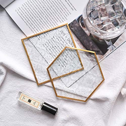 Glass Gold Coasters for Drinks, 6 Pcs Cup Coaster Set with Carved Glass Stylish for Coffee Tea Wine Coasters for Bar with Brass Edge Hexagon and Square Coasters Home Decor - color: Square and Hexagonal