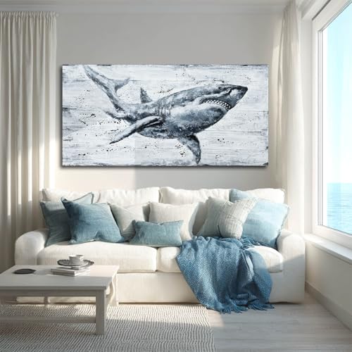 Modern Art Wall Decor Shark Wall Art Nature Seascape Poster Prints Framed Coatal Artwork for Living Room Bedroom Office Decoration 24"x 48" - color: Shark, size: 48"L x 24"W