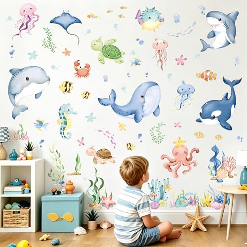 Ocean Animals Wall Decals - 9 Sheets 67Pcs Under the Sea Wall Stickers Sea Creature Peel and Stick Wallpaper Ocean Themed Fish Wall Decals for Kids Bedroom Living Room Bathroom Decoration - color: Ocean Animals