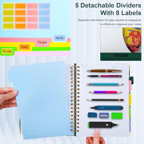 Hardcover Spiral Notebook 8.5"x11" Journal Notebook with Tabs and Removable Dividers 300 Pages 5 Subject Notebook College Ruled, Faux Leather Spiral Bound Notebook for Women School Work(Green) - color: Green, size: 8.5"x11"(A4)