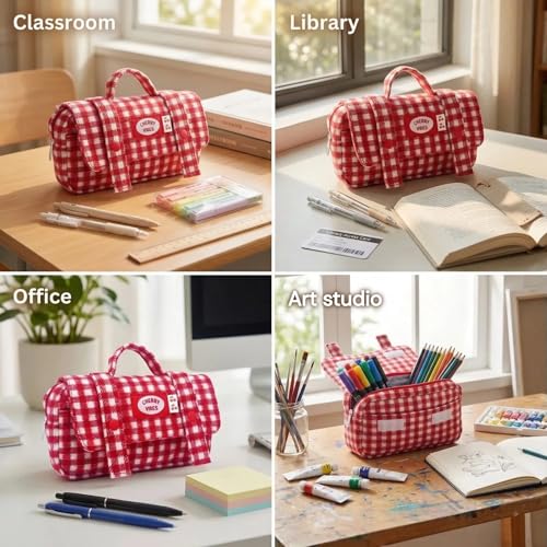 Cute Checkered Pencil Case, Red White Plaid, Large Capacity Gingham Pattern Pen Bag with Handle, Big Stationery Organizer, Multi-Use Storage Pouch, 8.7x1.6x4.7 Inches, Red - color: Red-white checkered
