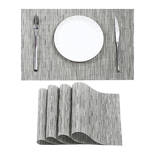 Leetaltree Silver Placemats Set of 4 - Heat Resistant Non-Slip Place mats for Dining Table, Washable Durable PVC Vinyl Woven Table Mats（Silver, 4） - color: E1- Sliver, size: Set of 4