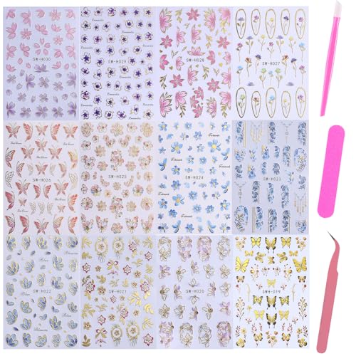 3D Flower Nail Art Stickers Decals Luxury Flower Petal Stickers with Tweezers 12 PCS Self Adhesive Pink Purple Blue Floral Gold Edge Decals Cherry Blossom Lily Summer DIY Manicure Nail Art Decoration - style: Flower Golden Edge Styles