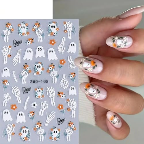 Halloween Nail Art Stickers Decals 3D Cute Ghost Black Cat Halloween Nail Stickers 4PCS Pumpkin Spider Web Skeleton Flower 3D Embossed Nail Decals Manicure Sliders for Women Nail Art Decorations - style: style1