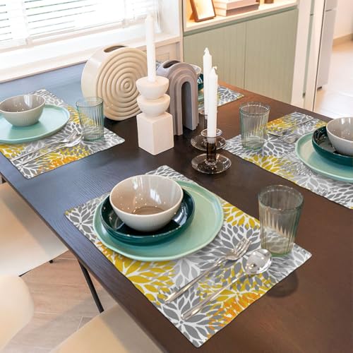 Abstract Yellow Gray Dahlia Floral Placemats Set of 4 12x18 Inch - color: Yellow Gray, size: Set of 4