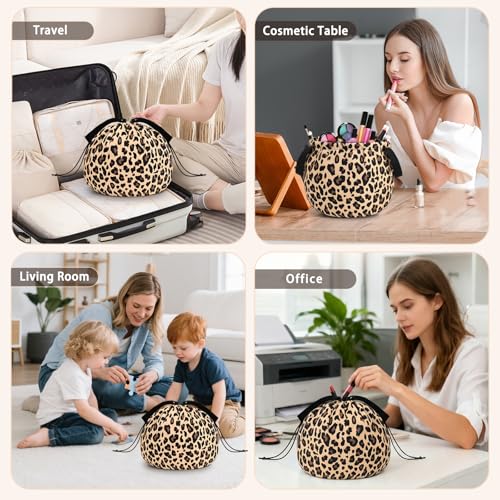 Funny Leopard Drawstring Makeup Bag, Travel Toiletry Cosmetic Organizer - color: C-LeopardPrint