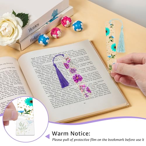 2 Pieces Dried Flower Acrylic Bookmarks, Transparent Floral Book Page Holder with Tassels, Cute Bookmark Clear Acrylic Tassels Book Marks Cute Book Accessories Gift for Reading Lover(2 Colors) - color: Deep Purple, Aqua Blue