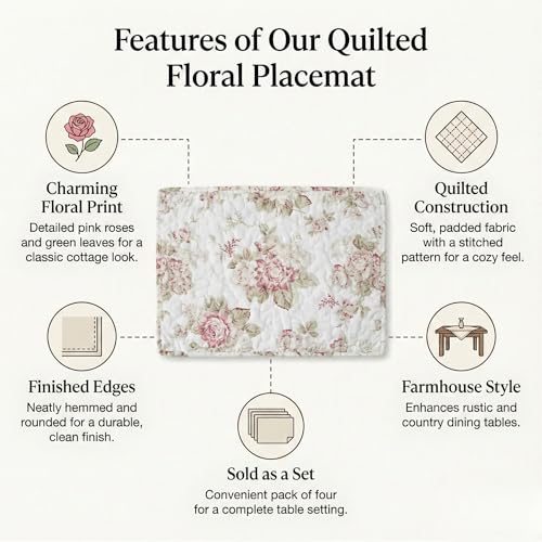 DaDa Bedding Cottage Roses Floral Dining Table Placemats - Set of 4-Pieces Quilted Cotton Dainty Flower Blossoms Garden - Decorative Grandmillenial Linen Kitchen Tea Time Ivory White Mats - 13” x 19”