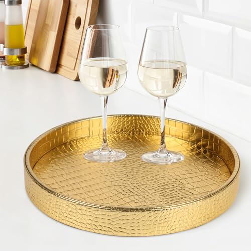 HofferRuffer Faux Leather Round Serving Tray, Vegan Croco Leather Decorative Tray, Food Tray for Storage Drinks, Snack & Cosmetics, Dia.12'' x 1.6'' (Gold) - color: Gold, size: 12"