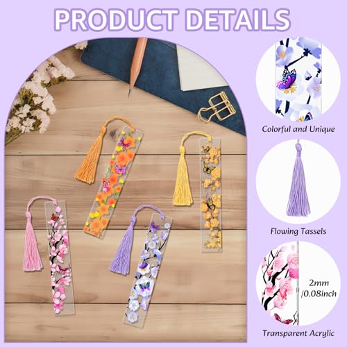 4pcs Pressed Flower Bookmarks, Transparent Acrylic Bookmark with Tassels, Butterfly Flower Theme Book Marks for Reading Women, Cute Book Marking Accessories Gift for Books Lovers(4 Colors) - color: Pink, Light Purple, Orange, Light Gold Yellow