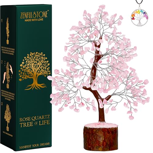 ZENFULSTONE Rose Quartz Crystal Tree of Life for Love & Healing Décor for Home and Office | Handmade Bonsai for Emotional Support & Harmony as Symbol of Piece for Loved Ones - color: Rose Quartz Silver Wire