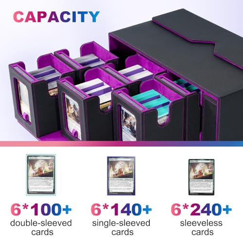 UAONO MTG Commander Deck Box, 6-Deck Modular TCG Deck Case with Dice Tray - color: Black Purple