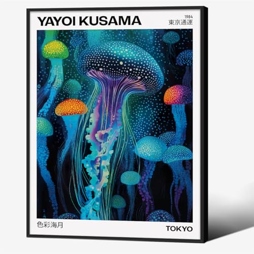 Colorful Ocean Jellyfish Wall Art Unique Japanese Animal Posters Yayoi Kusama Canvas Prints 08x10 inch Black Framed for Living Room Bedroom Wall Decor - color: Trendy 4-BFramed, size: 10"L x 8"W