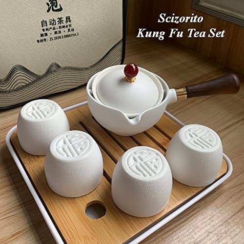 Ceramic Portable Travel Tea Set, Chinese Kungfu Tea Set with 360 Rotation Teapot and Infuser, 4 Tea Cups, Tea Tray And Travel Bag (Pure White) - color: Pure White