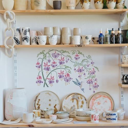 MAYJOYDIY 2pcs Fuchsia Begonia Stencil 11.8×11.8/11.7×8.3inch Fuchsia Flower Hummingbird Stencils with Paint Brush Reusable Flourishing Flower Vine Tree Template for Furniture Fabric Wood Wall Canvas - color: Fuchsia Begonia