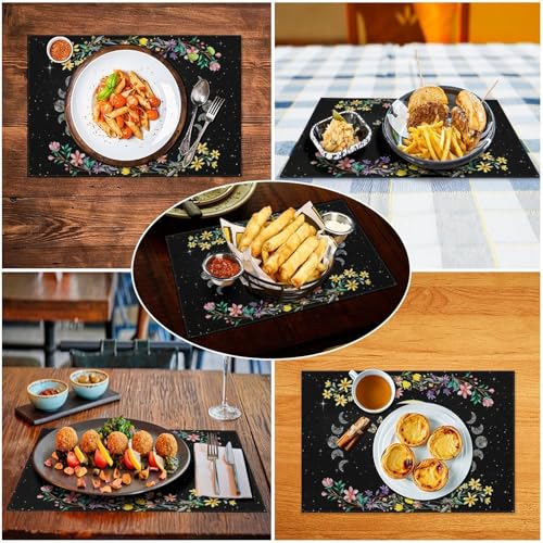 Boho Floral Placemats Set of 4, 12x18 Inch Witchy Moon Tarot Phase Gothic Cat Wild Flower Seasonal Bohemia Mystical Holiday Farmhouse Coffee Table Mats for Party Kitchen Dining Decoration - color: Pm-floral Moon03, size: 4pcs