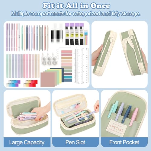 MoKo Pencil Case with Supplies, 60Pcs Aesthetic School Set, Green - color: Green-60P