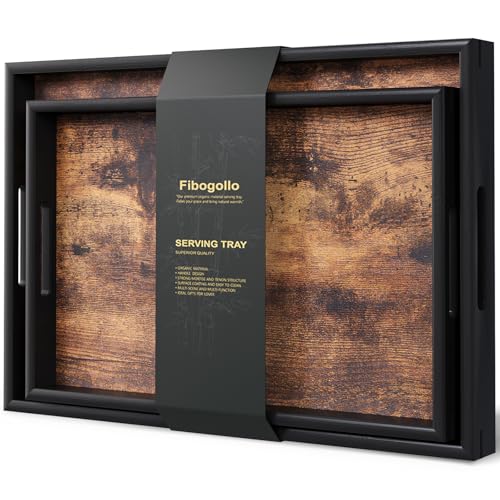 Fibogollo Set of 2 Wooden Serving Trays with Handles for Coffee Table