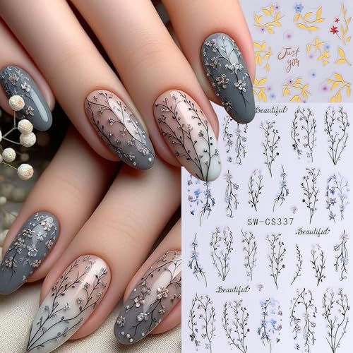 Flower Nail Stickers for Nail Art 12PCS 3D Self-Adhesive Nail Decals with Tweezers Floral Leaf Line Designs Manicure Decoration Spring DIY Charming Flowers Nails Supplies for Women - style: Flower Styles-02