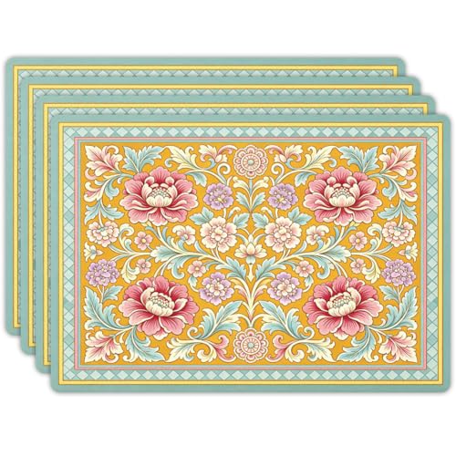 Peacoblue Placemats Set of 4,Faux Leather Vintage Flowers Design - style: Vintage Flowers