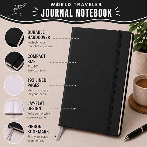 Eccolo Cool Jazz Hardbound Writing Journal, 192-Page Lined Paper, Lay-Flat - color: Black, size: Large - (7.25-x-9.6 Inches)