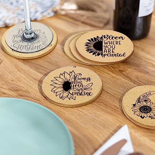 Coasters for Drinks with Holder Set of 6, Sunflower Absorbent Cork Wood Coaster for House Warming Gifts New Home Couples for Cup Desk Table Office Kitchen Decor, Round 4" - color: Sunflower