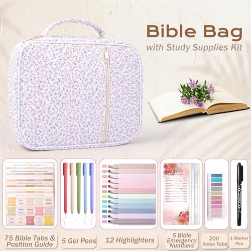 XKDOUS Bible Cover Case for Women Bible Bag Journaling Kit w/Study Supplies - color: Pink Flowers, size: Large