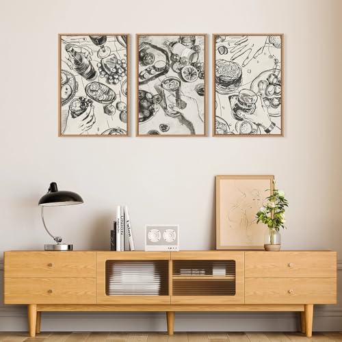 LHIUEM Large Retro Sketch Cheers Framed Canvas Wall Art,Food and Drink Wall Decor,Mid Century Gatherings Dinner Wall Painting,Abstract Black and White Art Prints for Kitchen,Dining Room - 16"x24"x3 - color: Sketch Cheers Wall Art, size: 24"L x 16"W