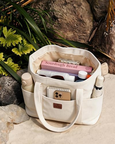 Miss Adola Large Aesthetic Corduroy Tote Bag for Women - color: Beige, size: Medium