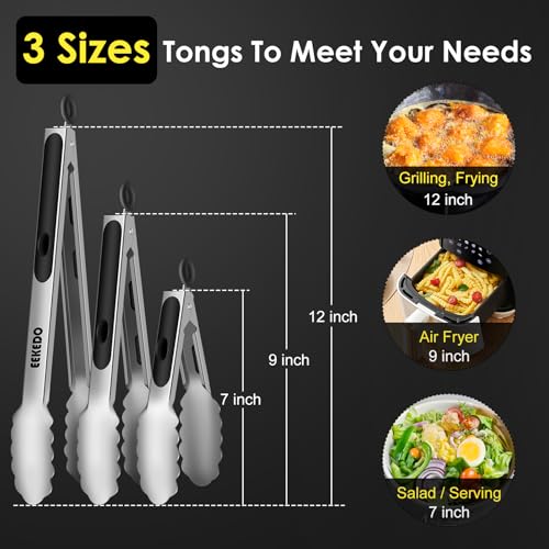 Metal Tongs for Cooking, Heat Resistant 600 Degrees - 7", 9" and 12" - size: 7 + 9 + 12 inches