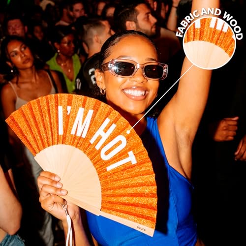 Fisura – Original folding fan with “I’m H*t” message. Colorful wooden folding fan in orange glitter with strap included. Fun gift idea for travel beach days or summer events. 16.7 x 9 in. - color: I'm H*t, Orange