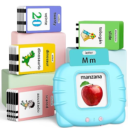 Eaever Spanish English Bilingual Learning Toys, ABC Talking Flash Cards with 520 Words, Gift for 3 4 5 6 Year Old, Blue - color: Blue, size: Bilingual Version(abc+123-520 Words)