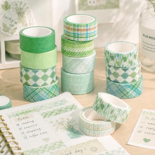 12 Rolls Washi Tape Set, Fresh Matcha Green Decorative Tape,Assorted Styles