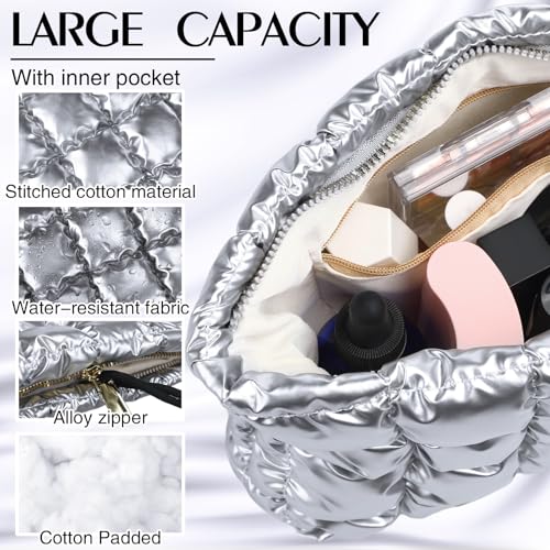 Hillban Silver Puffy Quilted Makeup Bag for Women Cosmetic Gift, Classic - color: Silver, size: Classic
