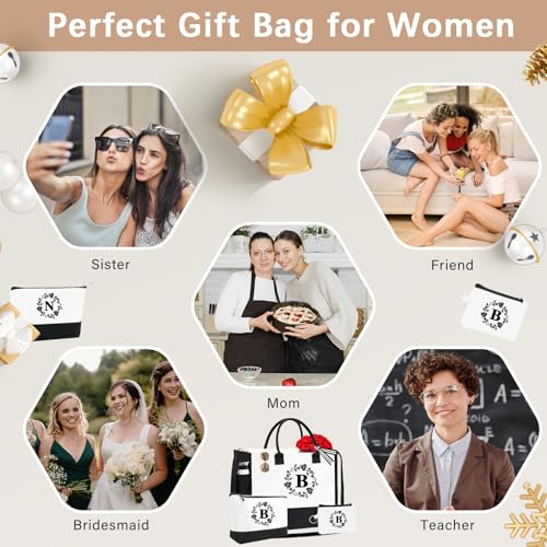 Monogram Personalized Initial Canvas Tote Bags for Women, Double-sided Embroidery Monogrammed Tote Bag Gifts - color: B