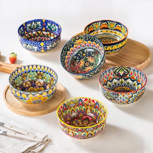 Henten Home Ceramic 28 oz Soup Bowls, Boho Cereal Bowl Set of 6